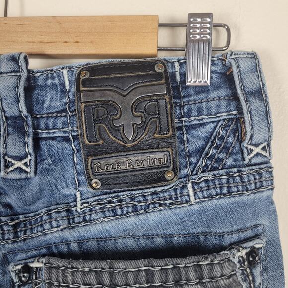 Rock Revival Jayin Jeans Womens 29 Blue Fleur-de-Lis Flap Pockets Slim Straight - Picture 6 of 13